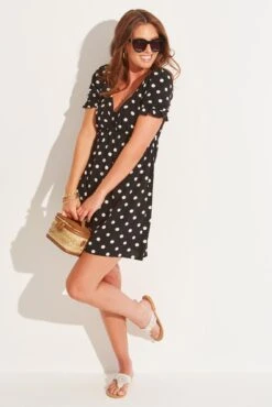 Shirred Back Puff Sleeve Mini Beach Dress - Mono Spot 12 Shirred Back Puff Sleeve Mini Beach Dress - Mono Spot -Sultry Curve 305309 20230616144400