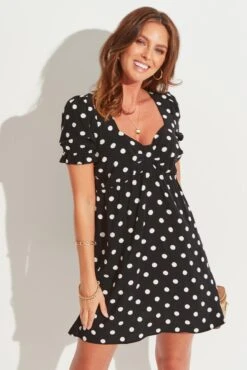 Shirred Back Puff Sleeve Mini Beach Dress - Mono Spot 13 Shirred Back Puff Sleeve Mini Beach Dress - Mono Spot -Sultry Curve 305310 20230616144400