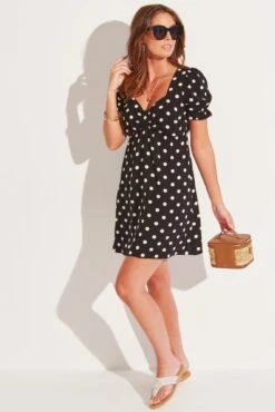 Shirred Back Puff Sleeve Mini Beach Dress - Mono Spot 15 Shirred Back Puff Sleeve Mini Beach Dress - Mono Spot -Sultry Curve 305312 20230616144400