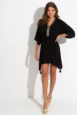 Hot Fix Stud Tassel Trim Kaftan - Black/Gold -Sultry Curve 306585 20230109154400