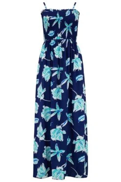 Removable Straps Shirred Bodice Maxi Dress - Navy Tropical 14 Removable Straps Shirred Bodice Maxi Dress - Navy Tropical -Sultry Curve 307427 20230112150700