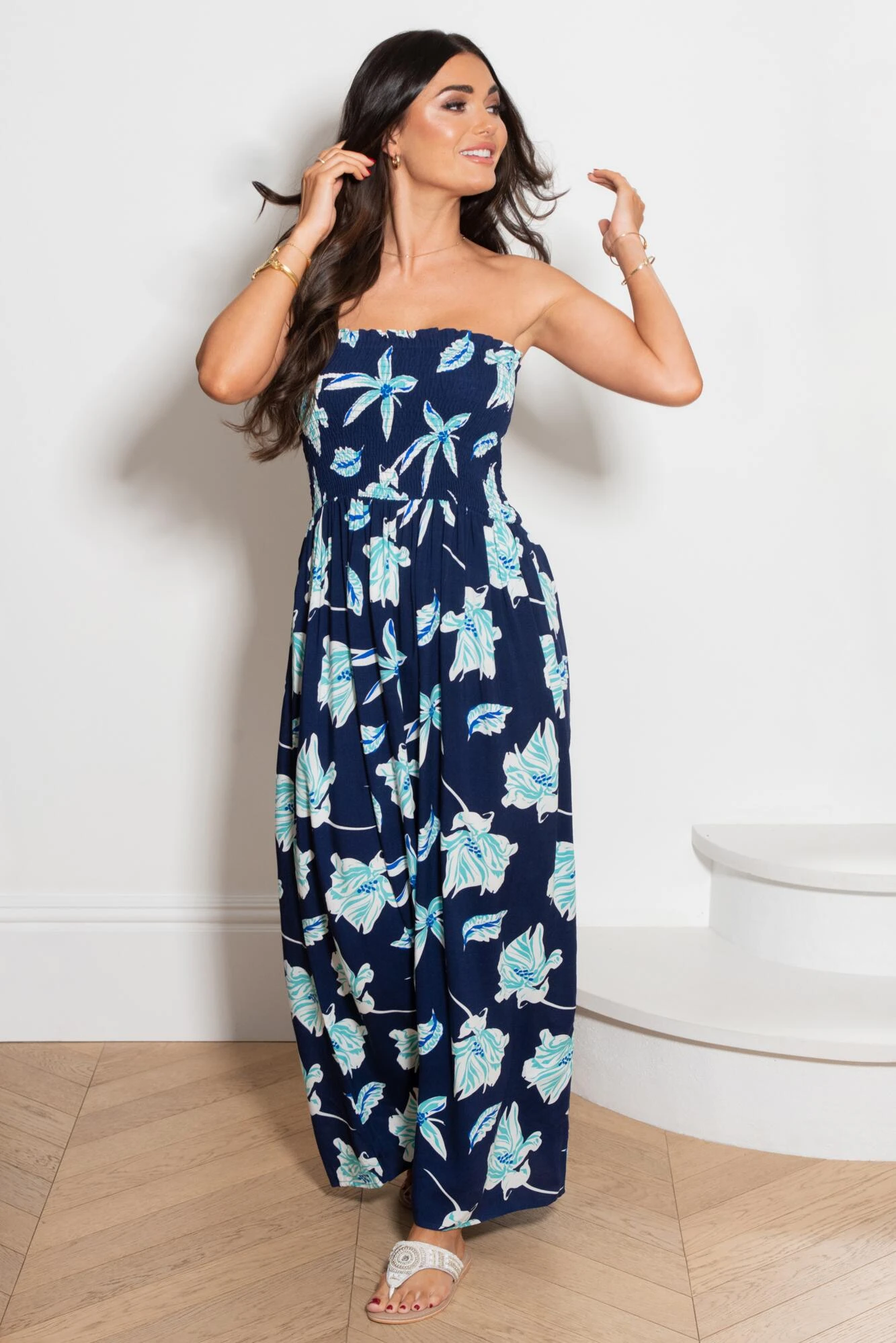 Removable Straps Shirred Bodice Maxi Dress - Navy Tropical 3 Removable Straps Shirred Bodice Maxi Dress - Navy Tropical