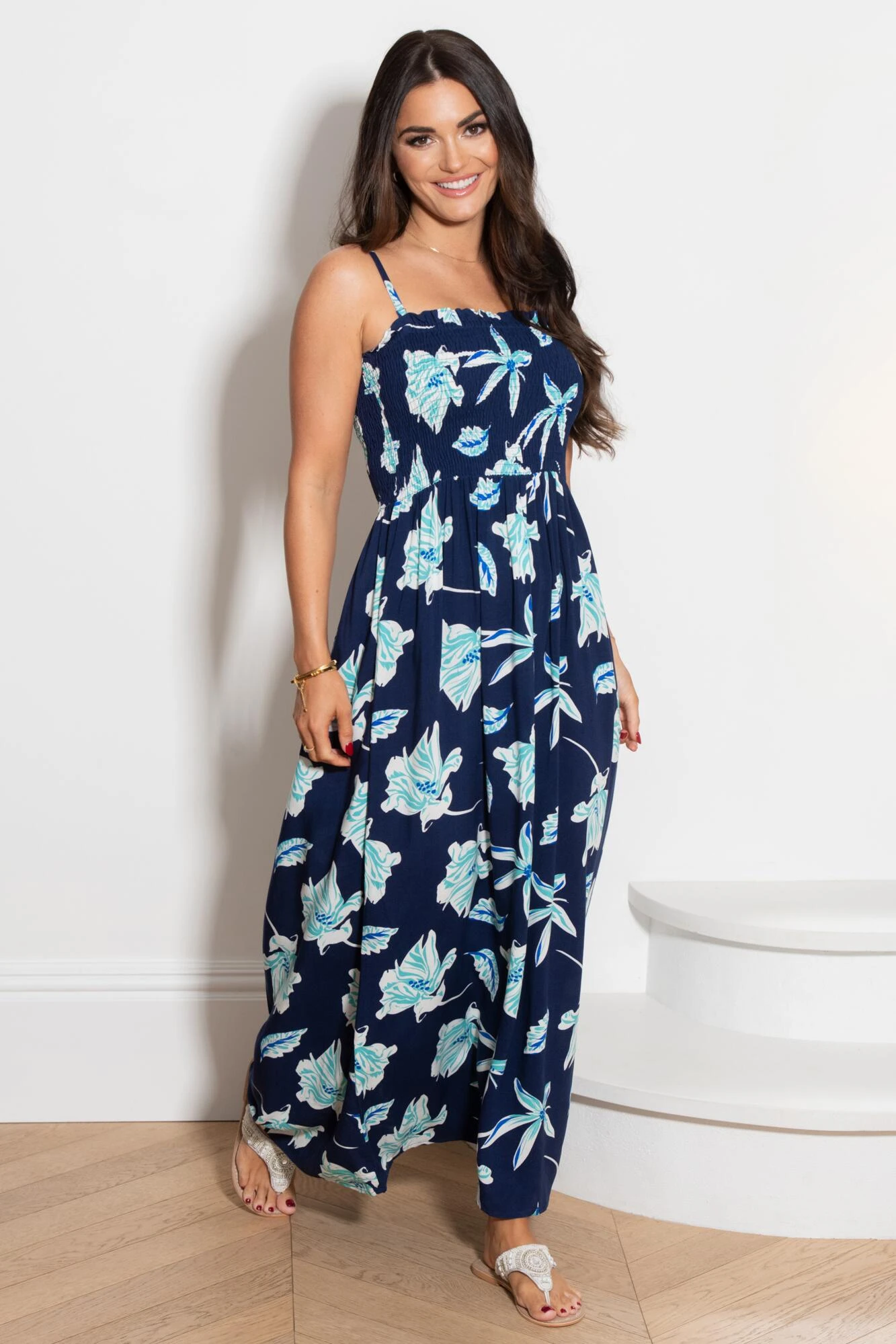 Removable Straps Shirred Bodice Maxi Dress - Navy Tropical 5 Removable Straps Shirred Bodice Maxi Dress - Navy Tropical - Image 3