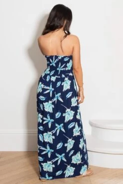 Removable Straps Shirred Bodice Maxi Dress - Navy Tropical 12 Removable Straps Shirred Bodice Maxi Dress - Navy Tropical -Sultry Curve 307431 20230112150700