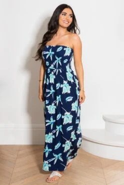 Removable Straps Shirred Bodice Maxi Dress - Navy Tropical 13 Removable Straps Shirred Bodice Maxi Dress - Navy Tropical -Sultry Curve 307432 20230112150700
