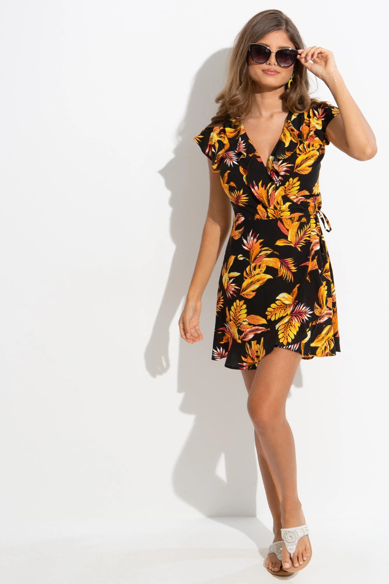 Woven EcoVero™ Frill Wrap Dress - Black/Gold 3 Woven EcoVero™ Frill Wrap Dress - Black/Gold