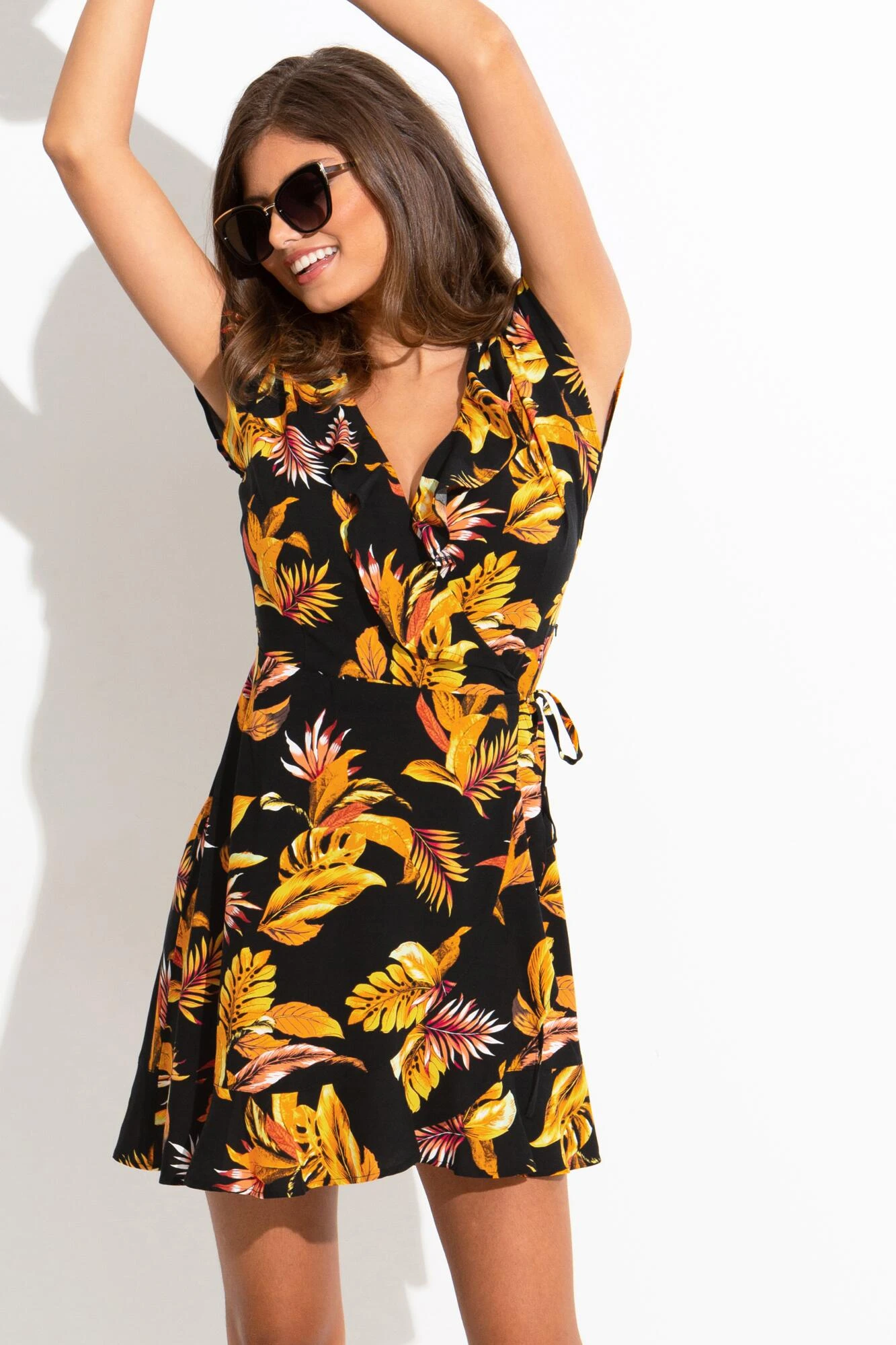 Woven EcoVero™ Frill Wrap Dress - Black/Gold 4 Woven EcoVero™ Frill Wrap Dress - Black/Gold - Image 2