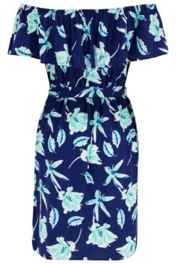 Woven Frill Belted Bardot Dress - Navy Tropical -Sultry Curve 308708 20230126144600