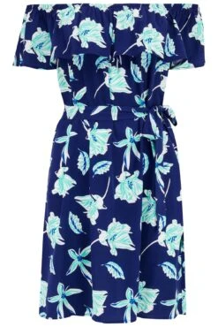 Woven Frill Belted Bardot Dress - Navy Tropical -Sultry Curve 308709 20230126144600