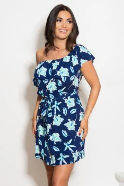 Woven Frill Belted Bardot Dress - Navy Tropical -Sultry Curve 308713 20230126144600