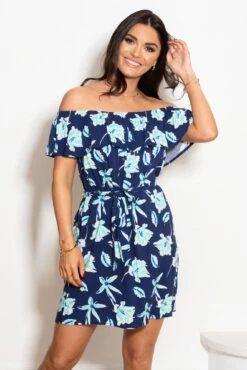 Woven Frill Belted Bardot Dress - Navy Tropical -Sultry Curve 308714 20230126144600