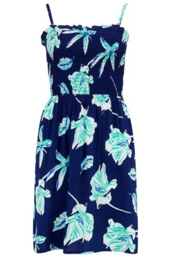 Removable Straps Shirred Bodice Short Dress - Navy Tropical 14 Removable Straps Shirred Bodice Short Dress - Navy Tropical -Sultry Curve 310133 20230216095100