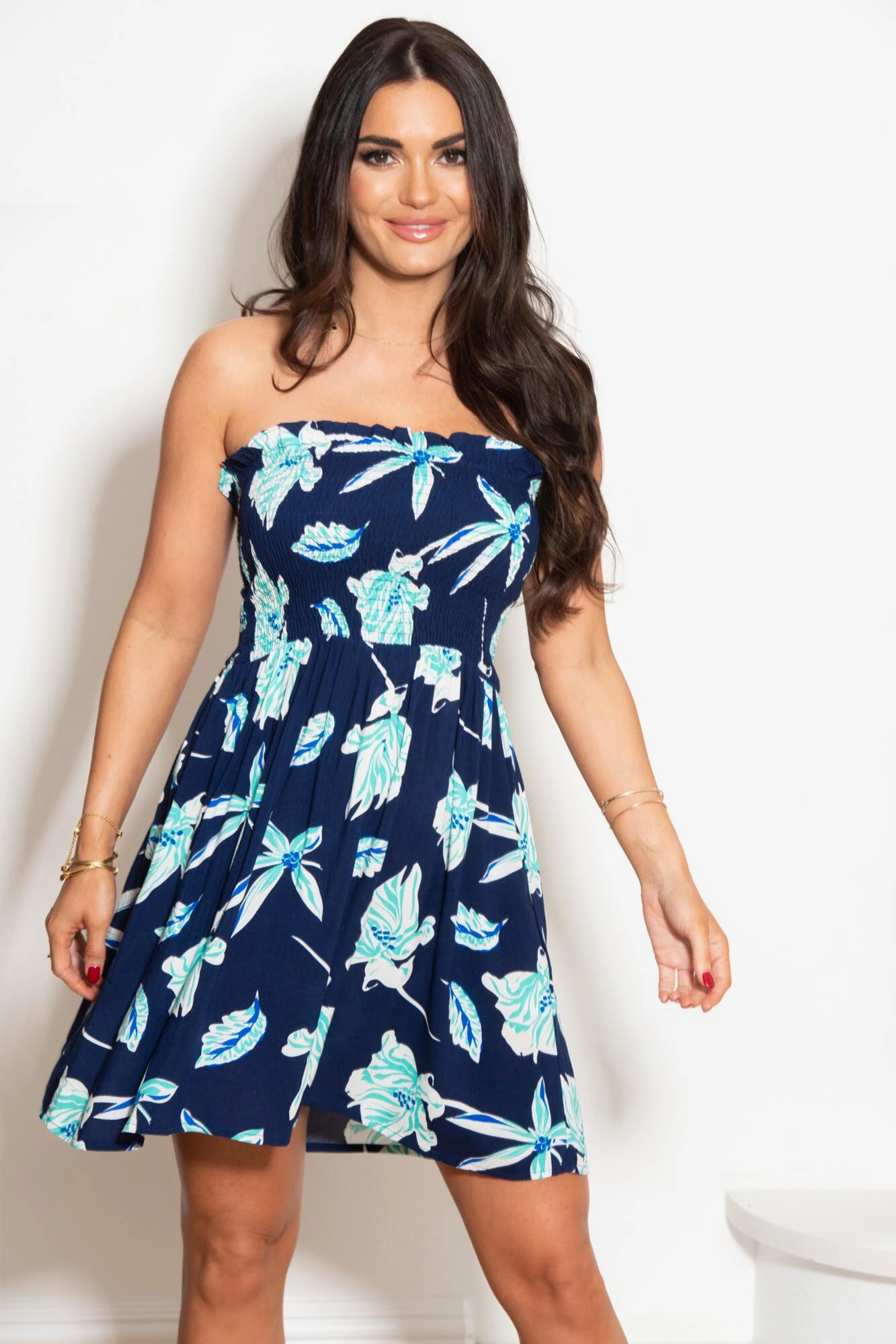 Removable Straps Shirred Bodice Short Dress - Navy Tropical 3 Removable Straps Shirred Bodice Short Dress - Navy Tropical