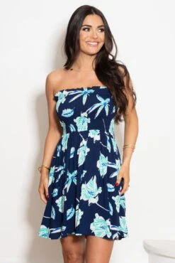 Removable Straps Shirred Bodice Short Dress - Navy Tropical 13 Removable Straps Shirred Bodice Short Dress - Navy Tropical -Sultry Curve 310138 20230216095100