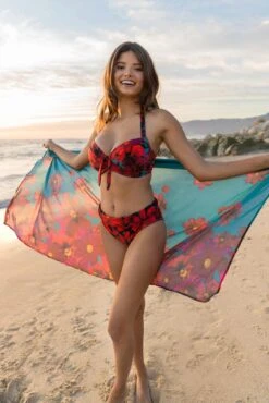 Recycled Luxe Chiffon Sarong - Red/Teal -Sultry Curve 311506 20230301114400