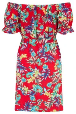 Woven Puff Sleeve Belted Bardot Dress - Red Paisley 15 Woven Puff Sleeve Belted Bardot Dress - Red Paisley -Sultry Curve 312488 20230519152900