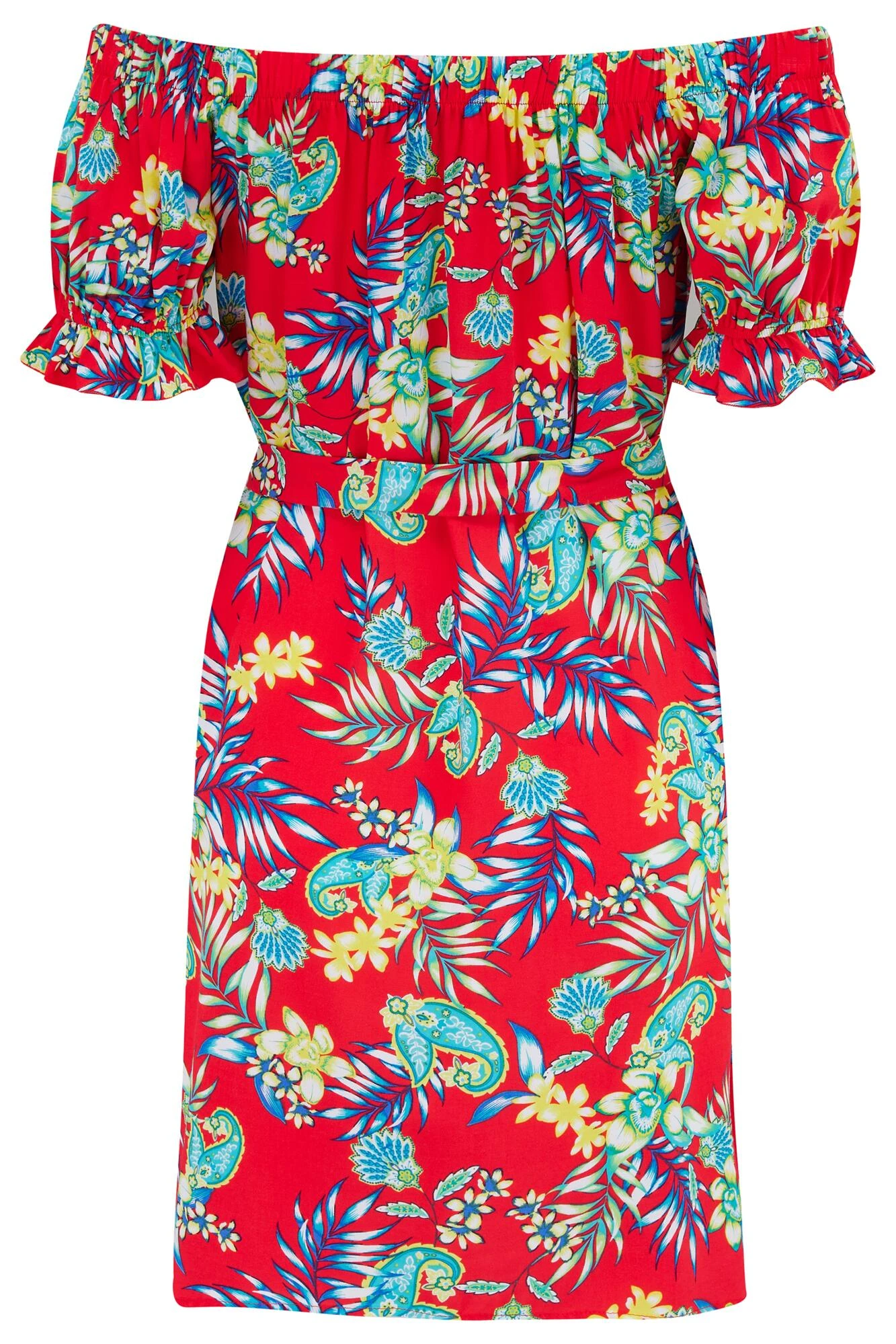 Woven Puff Sleeve Belted Bardot Dress - Red Paisley 9 Woven Puff Sleeve Belted Bardot Dress - Red Paisley - Image 7