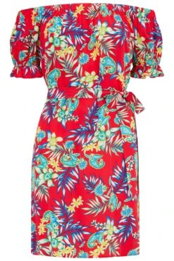 Woven Puff Sleeve Belted Bardot Dress - Red Paisley 14 Woven Puff Sleeve Belted Bardot Dress - Red Paisley -Sultry Curve 312489 20230519152900