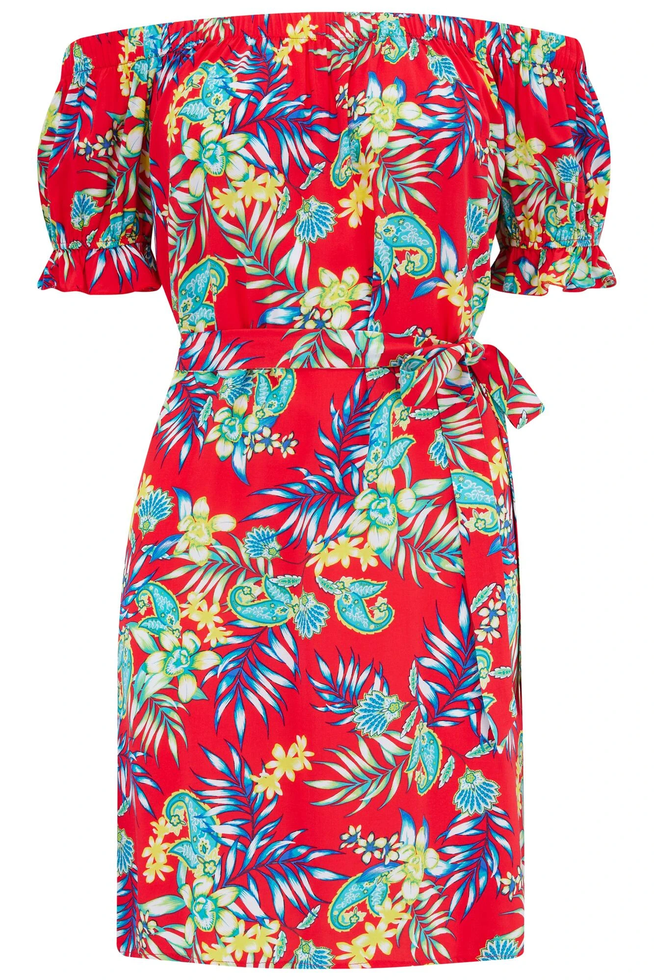 Woven Puff Sleeve Belted Bardot Dress - Red Paisley 8 Woven Puff Sleeve Belted Bardot Dress - Red Paisley - Image 6