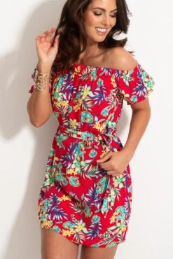 Woven Puff Sleeve Belted Bardot Dress - Red Paisley 11 Woven Puff Sleeve Belted Bardot Dress - Red Paisley -Sultry Curve 312491 20230519152900