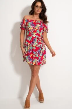 Woven Puff Sleeve Belted Bardot Dress - Red Paisley 12 Woven Puff Sleeve Belted Bardot Dress - Red Paisley -Sultry Curve 312492 20230519152900