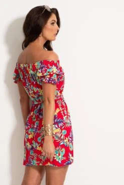 Woven Puff Sleeve Belted Bardot Dress - Red Paisley 13 Woven Puff Sleeve Belted Bardot Dress - Red Paisley -Sultry Curve 312493 20230519152900