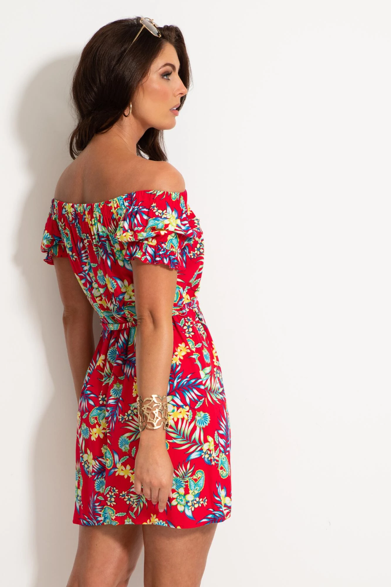 Woven Puff Sleeve Belted Bardot Dress - Red Paisley 7 Woven Puff Sleeve Belted Bardot Dress - Red Paisley - Image 5