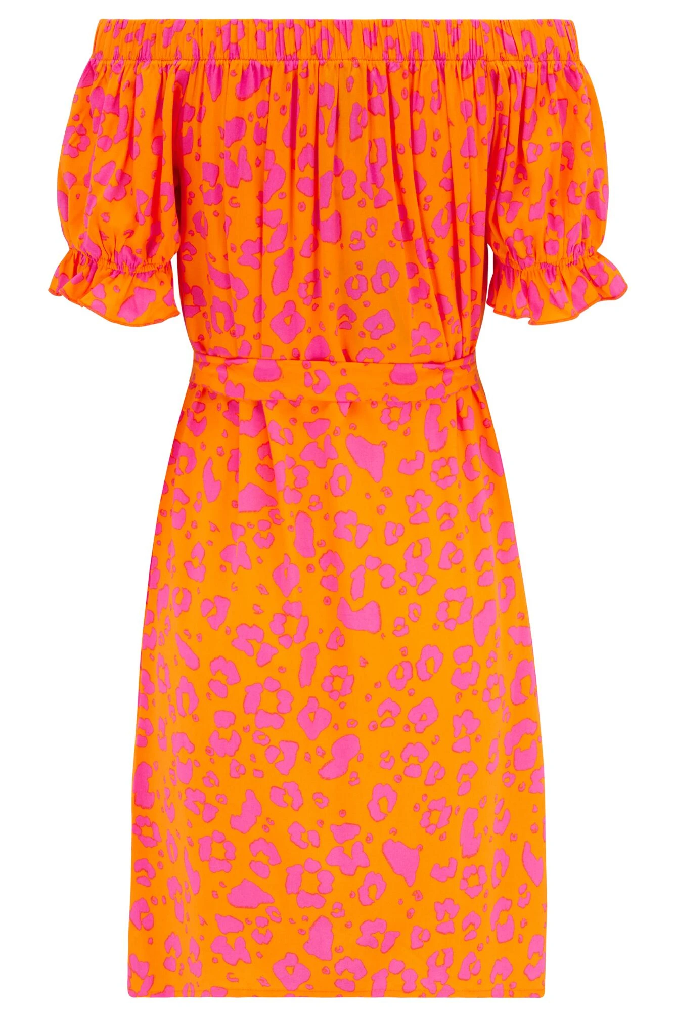 Woven Puff Sleeve Belted Bardot Dress - Orange/Pink 9 Woven Puff Sleeve Belted Bardot Dress - Orange/Pink - Image 7