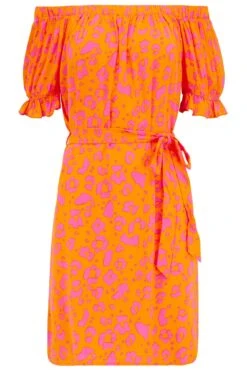 Woven Puff Sleeve Belted Bardot Dress - Orange/Pink 14 Woven Puff Sleeve Belted Bardot Dress - Orange/Pink -Sultry Curve 312638 20230517155500