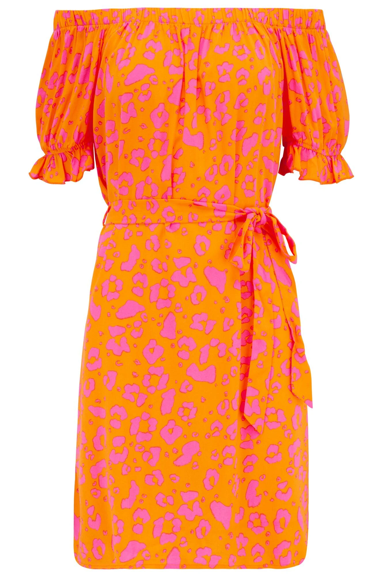 Woven Puff Sleeve Belted Bardot Dress - Orange/Pink 8 Woven Puff Sleeve Belted Bardot Dress - Orange/Pink - Image 6