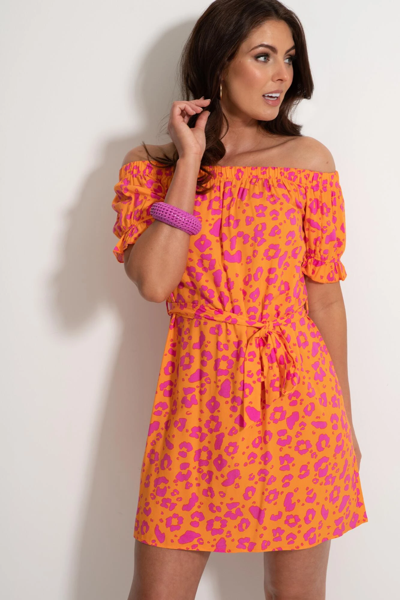 Woven Puff Sleeve Belted Bardot Dress - Orange/Pink 6 Woven Puff Sleeve Belted Bardot Dress - Orange/Pink - Image 4