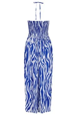 Halter Neck Strap Shirred Bodice Maxi Dress - White/Blue -Sultry Curve 313394 20230518154000