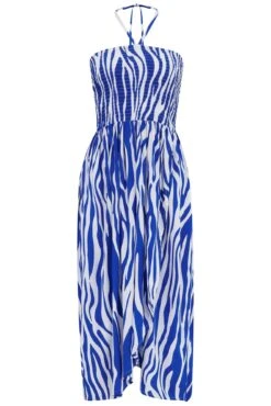 Halter Neck Strap Shirred Bodice Maxi Dress - White/Blue -Sultry Curve 313395 20230518154000