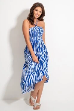 Halter Neck Strap Shirred Bodice Maxi Dress - White/Blue -Sultry Curve 313397 20230518154100