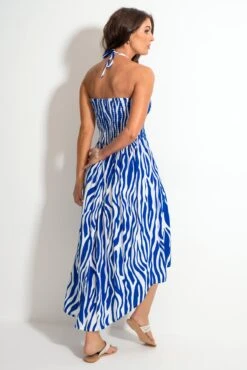 Halter Neck Strap Shirred Bodice Maxi Dress - White/Blue -Sultry Curve 313398 20230518154000