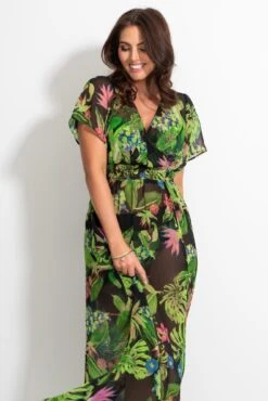 Short Sleeve Chiffon Wrap Maxi Kaftan - Tropical -Sultry Curve 313411 20230404112200