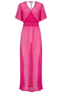 Short Sleeve Chiffon Wrap Maxi Kaftan - Fuchsia -Sultry Curve 313416 20230404112200