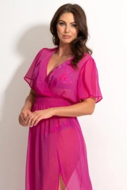 Short Sleeve Chiffon Wrap Maxi Kaftan - Fuchsia -Sultry Curve 313418 20230404112200