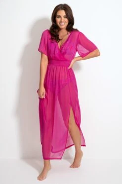 Short Sleeve Chiffon Wrap Maxi Kaftan - Fuchsia -Sultry Curve 313419 20230404112200