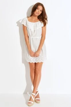 Cotton Broderie Bardot Mini Beach Dress - White -Sultry Curve 313525 20230818155100
