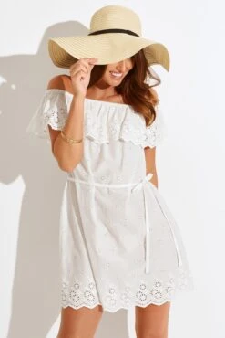 Cotton Broderie Bardot Mini Beach Dress - White -Sultry Curve 313526 20230818155100