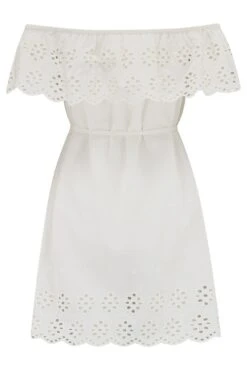Cotton Broderie Bardot Mini Beach Dress - White -Sultry Curve 313527 20230818155100