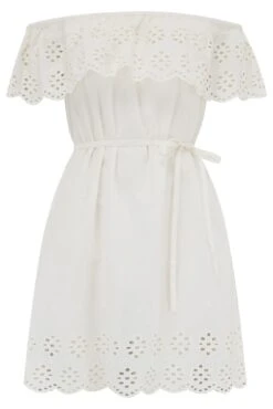 Cotton Broderie Bardot Mini Beach Dress - White -Sultry Curve 313528 20230818155100