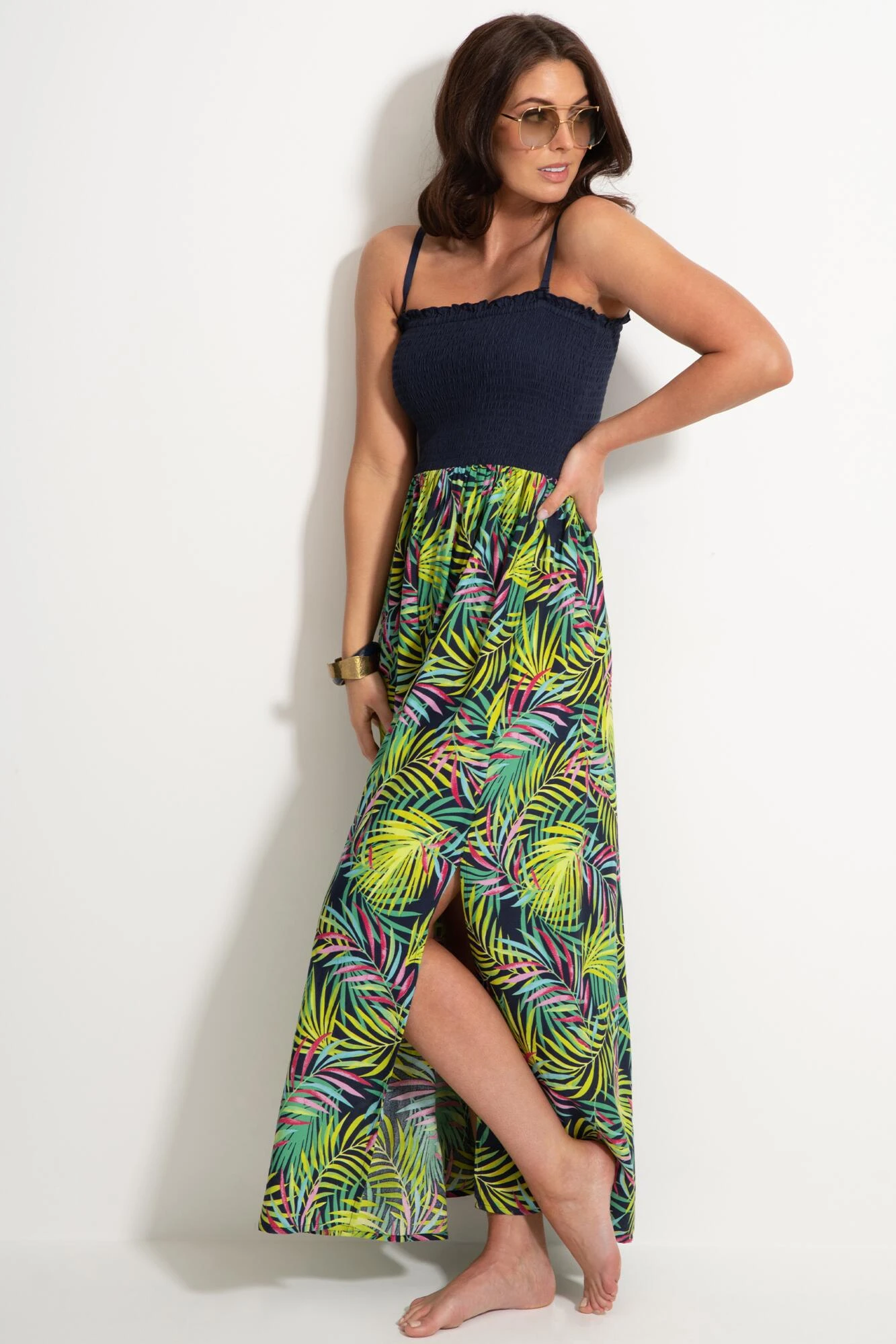 Removable Straps Shirred Split Maxi Dress - Navy Fern 2 Removable Straps Shirred Split Maxi Dress - Navy Fern