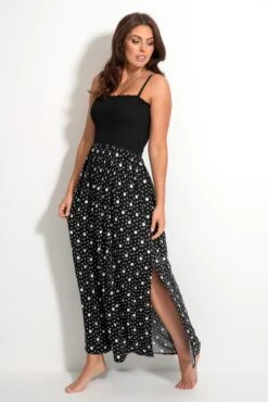 Removable Straps Shirred Split Maxi Dress - Black/White -Sultry Curve 313601 20230519164100