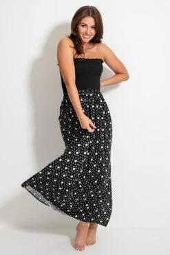 Removable Straps Shirred Split Maxi Dress - Black/White -Sultry Curve 313603 20230519164100