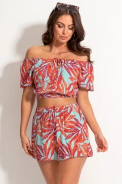 Crinkle Viscose Tie Front Beach Shorts - Aqua Palm -Sultry Curve 313637 20230518151000