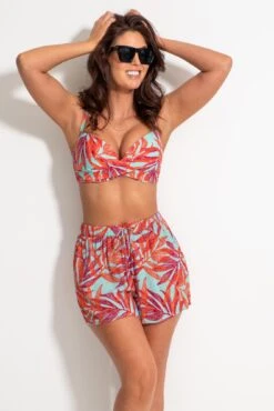 Crinkle Viscose Tie Front Beach Shorts - Aqua Palm -Sultry Curve 313638 20230518151000