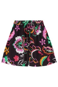 Crinkle Viscose Tie Front Beach Shorts - Black/Multi -Sultry Curve 313642 20230404121100