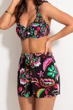 Crinkle Viscose Tie Front Beach Shorts - Black/Multi -Sultry Curve 313645 20230404121100